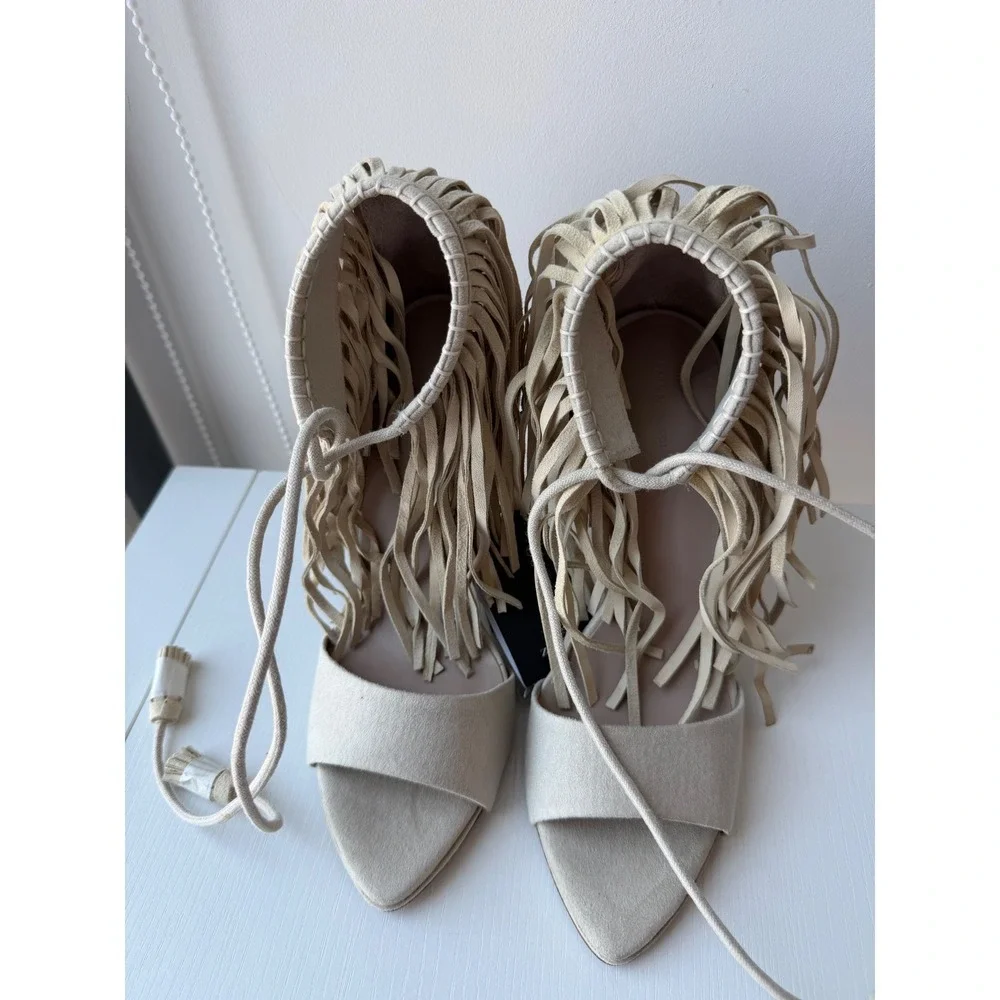 Zara Beige Faux Suede Fringe Lace Up Tassel Stiletto Heeled Sandals Size 8  NWT